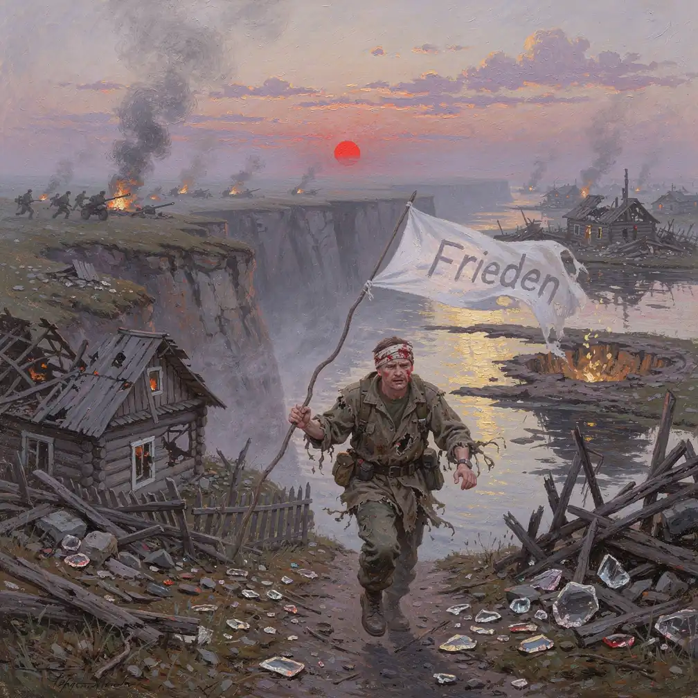 Symbolische Darstellung des Ukraine-Kriegs: Ruinen und blutrote Sonne im impressionistischen Stil