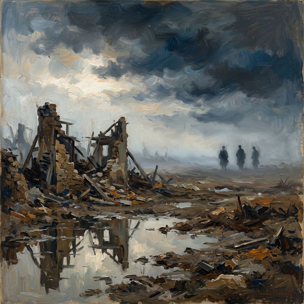 mpressionistische Illustration eines nebligen Schlachtfelds mit Trümmern und Silhouetten am Horizont, gemalt im Stil Monets mit gedämpfter Farbpalette aus Grau, Blau und Ocker.